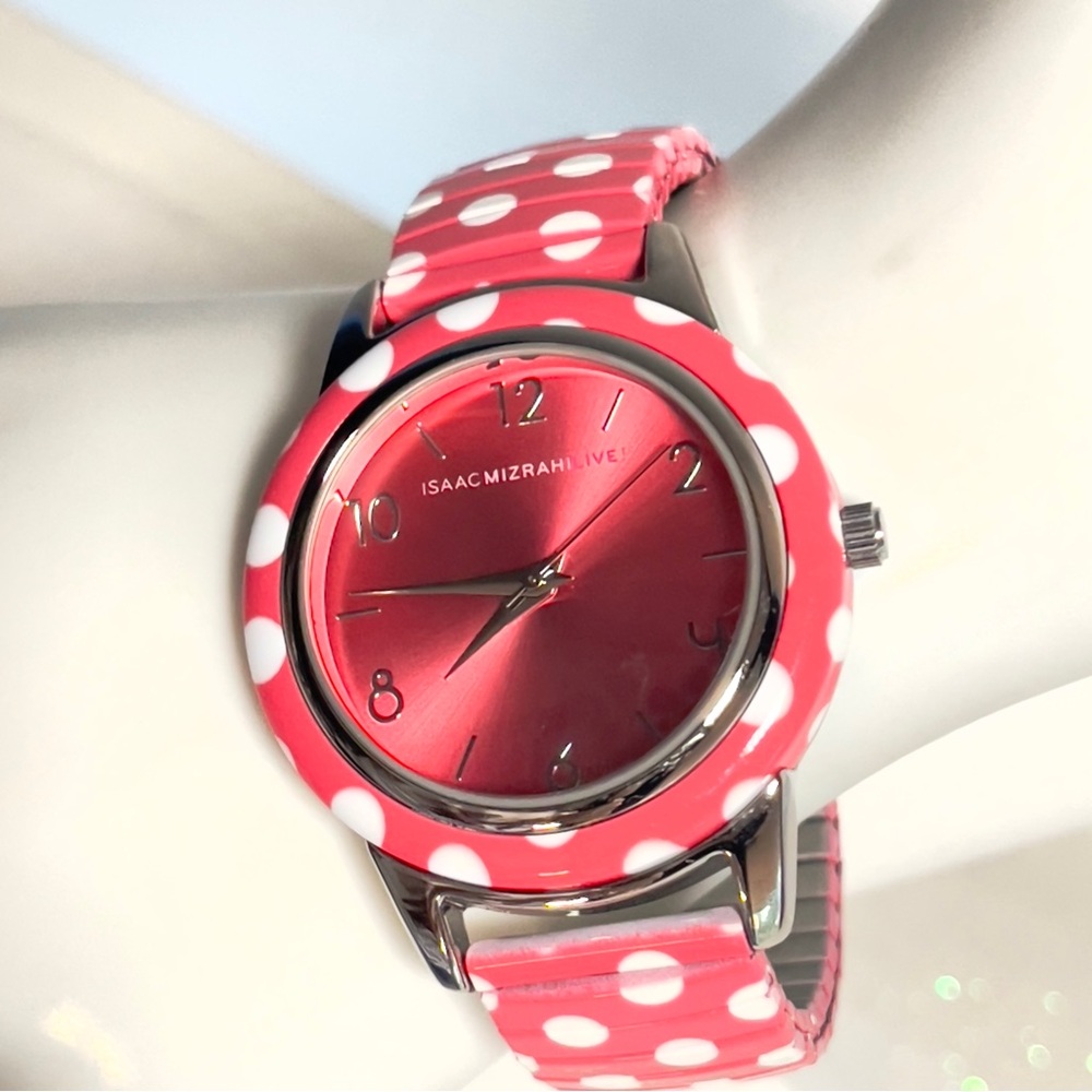Isaac Mizrahi Tropical Pink & White Stainless Steel Polka Dot Expansion Watch